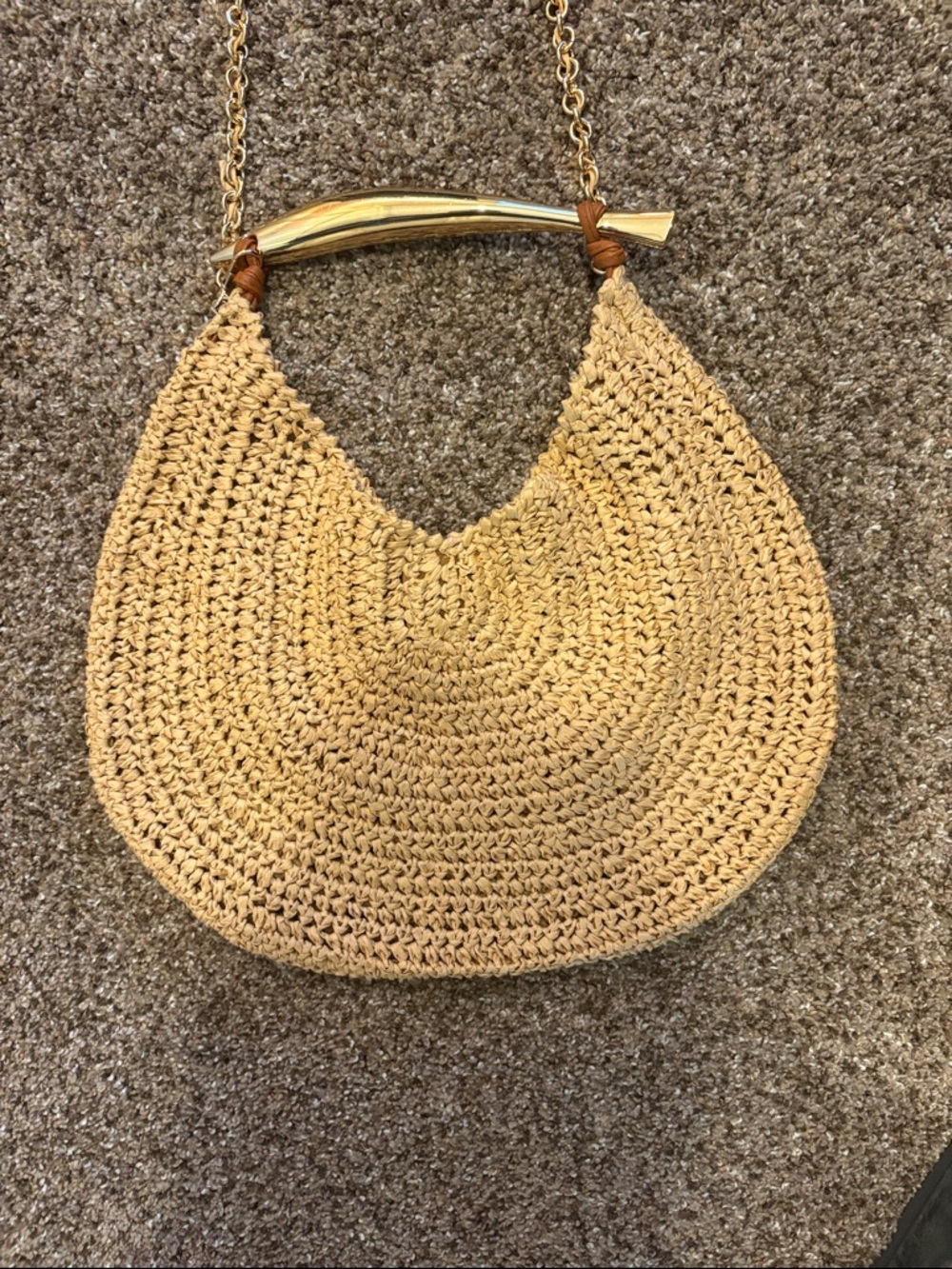 Brielle Crossbody Woven Straw Hobo Shoulder Bag with Gold Chain - Beige - Picture 3 of 8